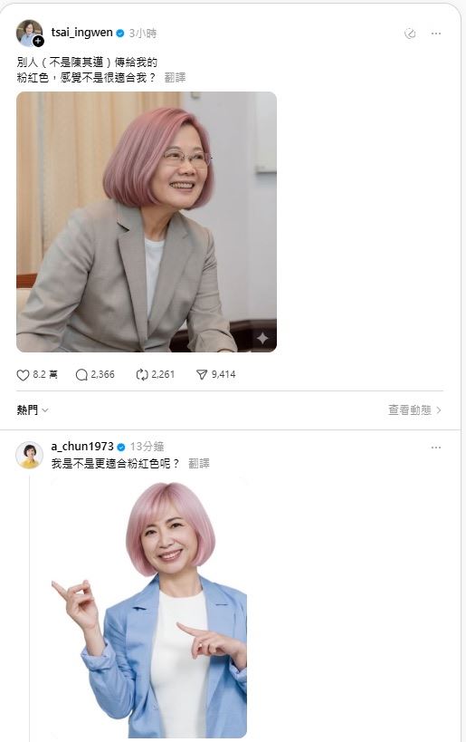 繼前總統蔡英文、高雄市長陳其邁相繼在社群換上粉紅髮造型照，何欣純也來追粉紅髮色，還逗趣地在小英總統社群留言「我是不是更適合粉紅色呢？」（圖／翻攝畫面）