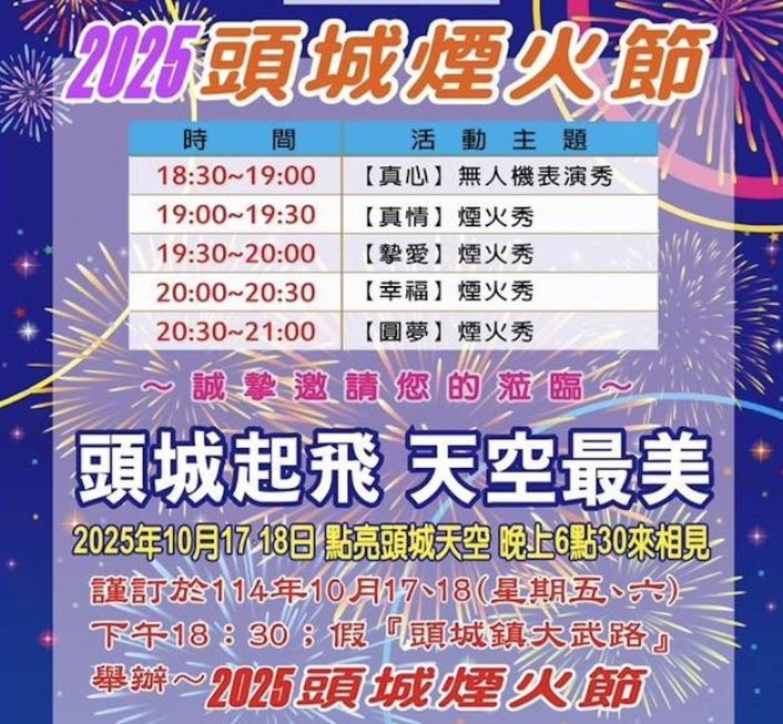 宜蘭頭城煙火節是全台單日、單場施放最長的煙火紀錄，每隔半個小時上演一個主題，分別是「真情、摯愛、幸福、圓夢」，煙火直徑尺寸最大達12吋，視覺震撼相當值得期待。（圖／頭城鎮公所提供）