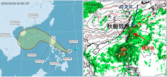 氣象署路徑潛勢預測圖，熱帶低壓今晨2時發展為輕颱風神，朝西北通過呂宋島，進入南海，未來在接近在海南島，逐漸轉向西南。明日20時風神已通過呂宋島，進入南海，台灣開始受到「秋颱效應」影響。(圖／擷自tropical tidbits)