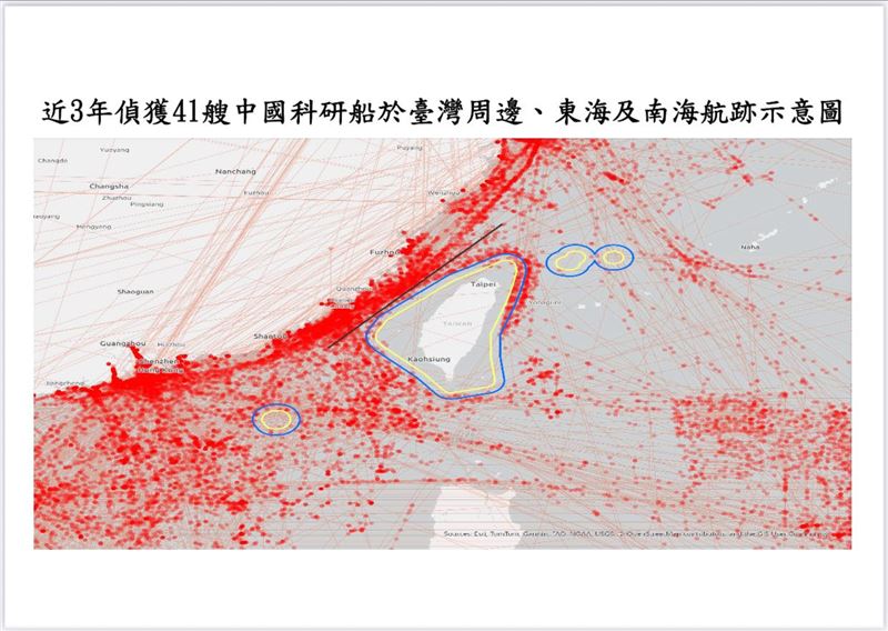 管碧玲曝光中國科研船在台灣、關島、夏威夷海域行動的航跡圖，並指出這就是為何海域調查預算十分重要的原因。（圖／翻攝自管碧玲臉書）