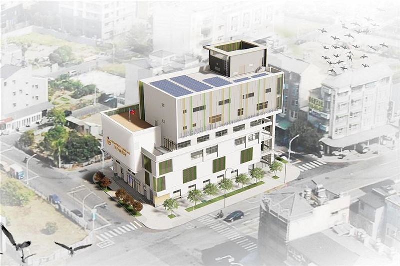 為楠梓區援中派出所暨多功能社區中心新建工程模擬圖，1、2樓規劃為援中派出所使用，3樓為公共托育中心，4樓為戶政事務所，5樓為日間照顧中心，6樓為區公所大型集會堂與會議等。（圖／高雄市政府工務局新建工程處官網提供）