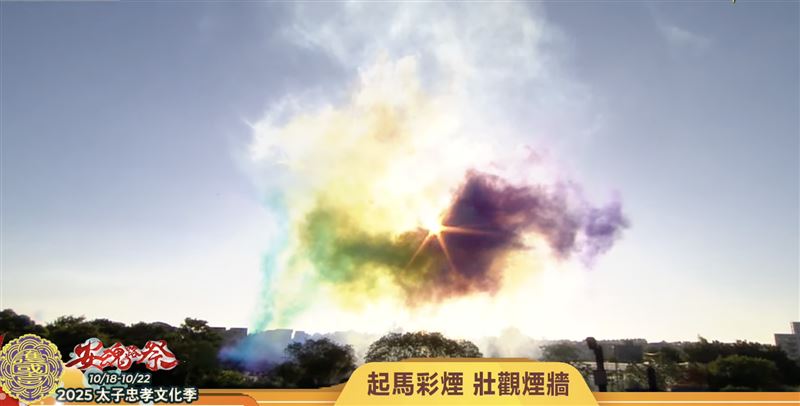 起駕儀式施放七彩彩煙，煙霧繚繞廟埕上空。（圖／寶島神很大現場直播畫面）