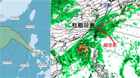 左圖：最新(19日2時)氣象署「路徑潛勢預測圖」，「輕颱風神」下午進入南海，朝西北前進，在海南島東方海面，逐漸轉向西南，路徑不確定範圍(紅框)分布在其兩側。右圖：最新(18日20時)歐洲模式(ECMWF)模擬顯示，明(20)日8時風神已進入南海，台灣仍受「秋颱效應」(風神外圍環流與東北季風共伴效應)形成的雨帶影響。（圖／翻攝自老大洩天機）
