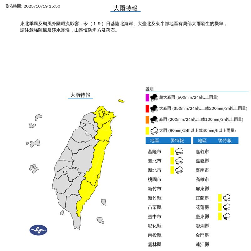 氣象署在今（19）天15:50發布大雨特報。（圖／翻攝自氣象署）