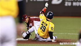 台灣大賽G2，中信兄弟左外野手詹子賢敲出中、左外野深遠安打，在二壘前遭到回傳球觸殺出局。（圖／記者劉彥池攝影）