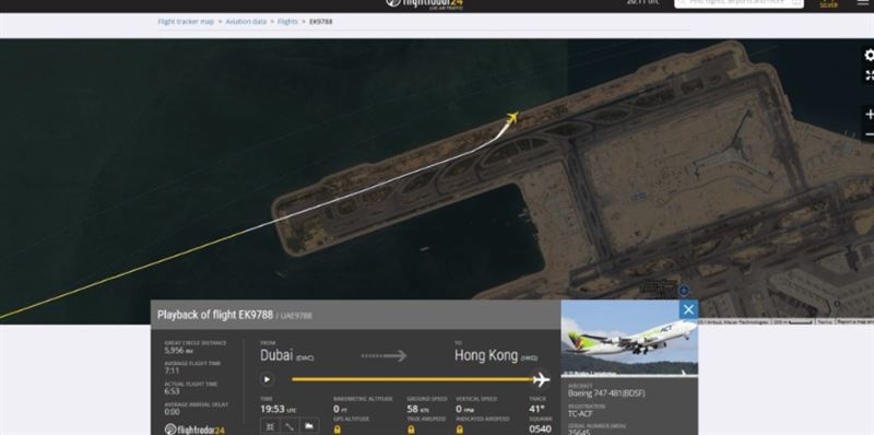 航班追蹤網站顯示，班機降落後偏離跑道。（圖／取自Flightradar24）