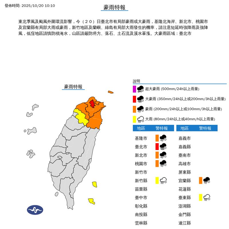 氣象署持續在今（20）10:10發布豪雨特報。（圖／翻攝自氣象署）