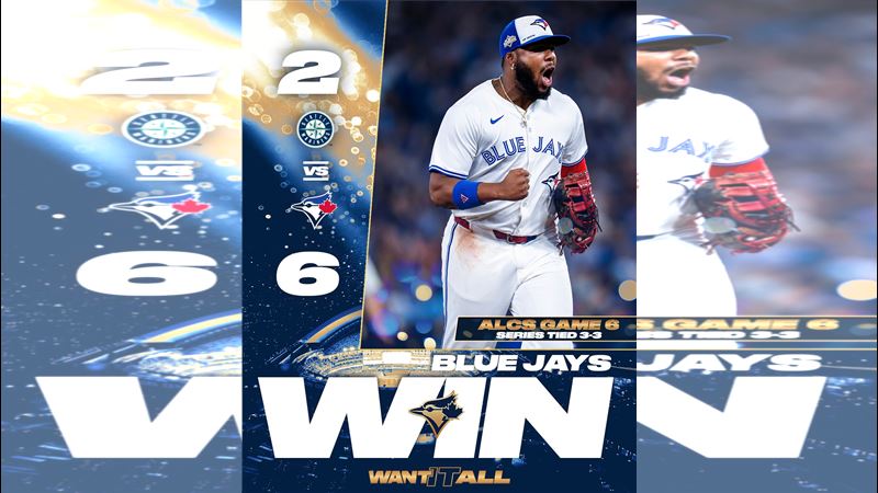 藍鳥在美聯冠軍戰扳平戰局，將水手逼進決勝G7。（圖／翻攝自X平台 @BlueJays）