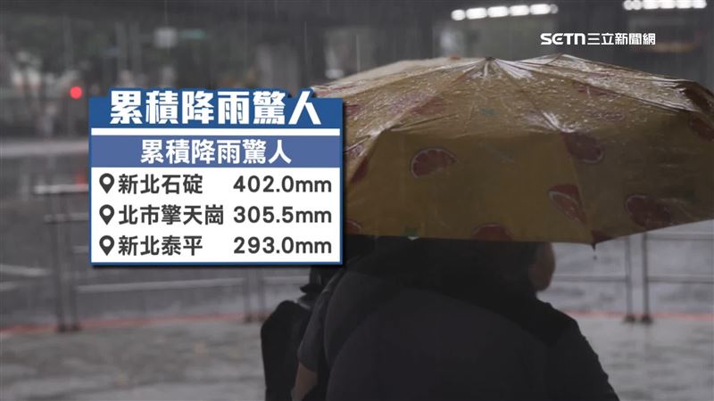 新北新店石碇地區累積雨量達到402毫米，且雙北地區都有出現60到70毫米以上時雨量
