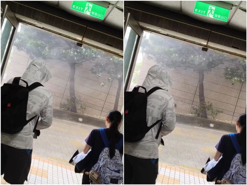 文化大學狂風暴雨，颳11級強風，學生在校內寸步難行。（圖／Threads＠huiting209授權提供）