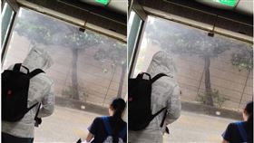 文化大學狂風暴雨，颳11級強風，學生在校內寸步難行。（圖／Threads＠huiting209授權提供）