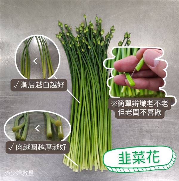 在一整株含苞的韭菜裡，上頭花苞是「韭菜花」，莖葉為「韭菜」。 （圖／翻攝自Threads @savior0907 少婦救星）