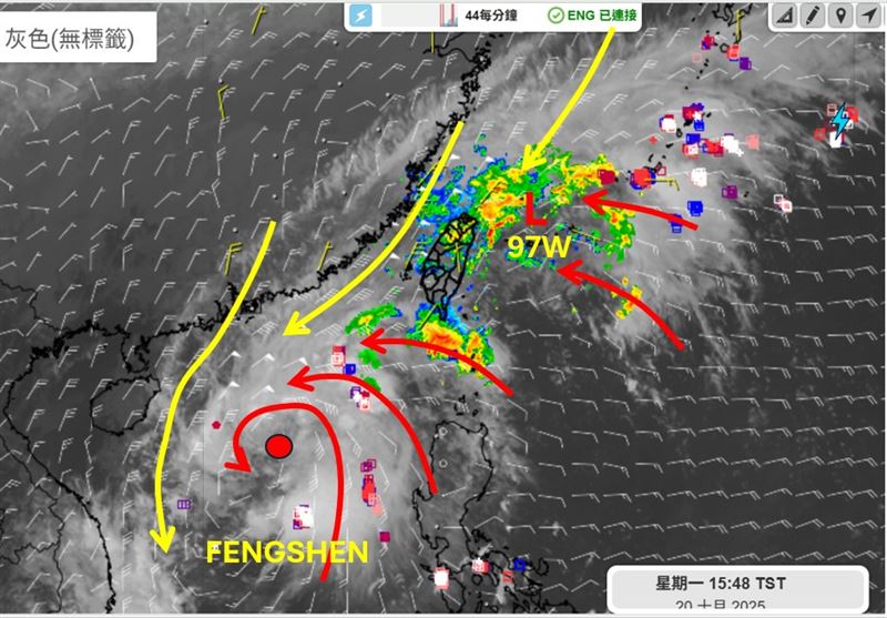 低壓波動97W預計向東移動，加強目前東北部的雨。（圖／翻攝自天氣職人-吳聖宇臉書）