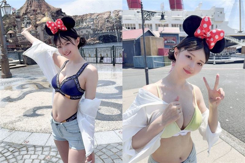 三佳詩在東京迪士尼海洋，上半身服裝鈕扣敞開內衣外露，並配戴迪士尼角色頭飾。（圖／翻攝自Ｘ）