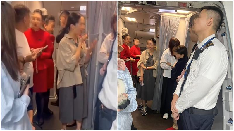 四川航空「松山轉降小港」近3小時，乘客不想再飛，機上爆衝突。（圖／翻攝畫面）