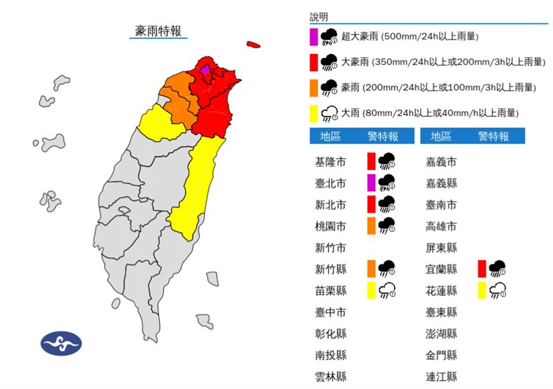 受到東北季風及颱風外圍環流影響，今日臺北市山區有局部大豪雨或超大豪雨發生的機率。（圖／中央氣象署）