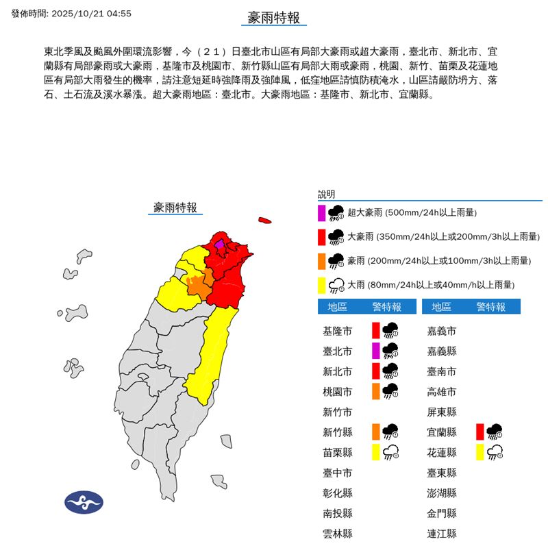 8縣市豪雨特報，其中台北市紫爆升級超大豪雨。（圖／翻攝自中央氣象署）