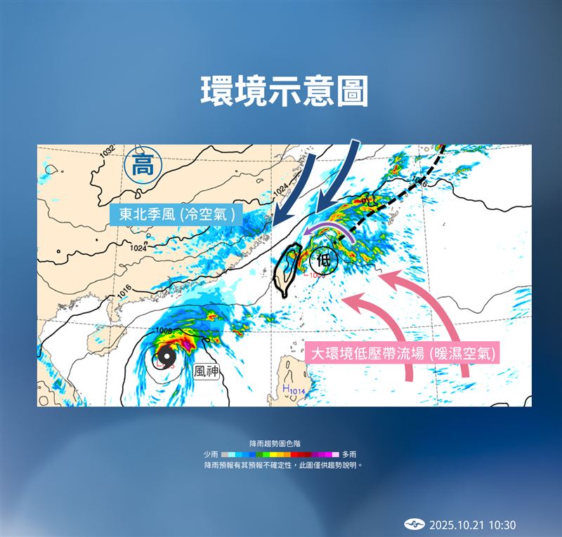 受低壓帶與冷空氣影響、東北季風南下，基隆北海岸、大台北山區及宜蘭成為主要降雨熱區。（圖／氣象署提供）