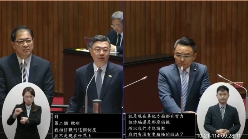 國民黨立委洪孟楷（圖右）質詢行政院長卓榮泰及法務部長鄭銘謙。(圖/翻攝IVOD）