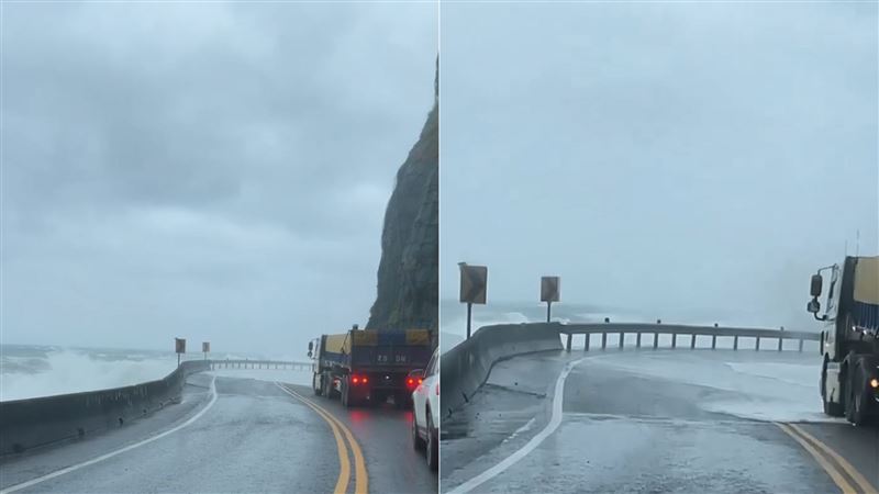 台2線瑞芳濱海公路83K往龍洞雙向路段浪襲影響通行。（圖／翻攝瑞芳大小事臉書）