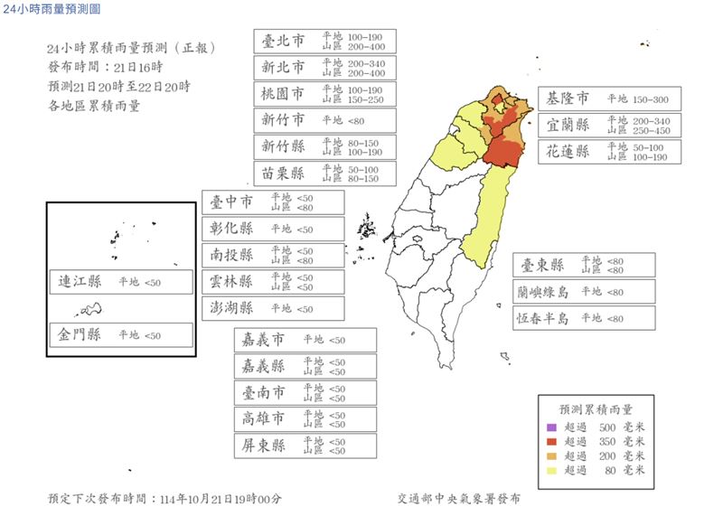氣象署下午公布最新雨量預測。（圖／中央氣象署）