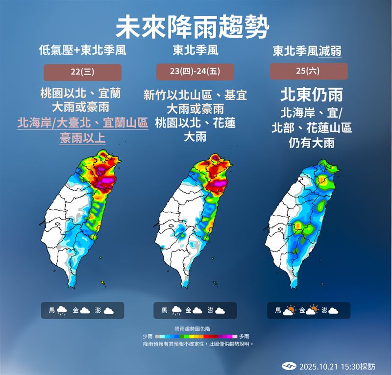 週六雨勢才會明顯趨緩。（圖／氣象署提供）