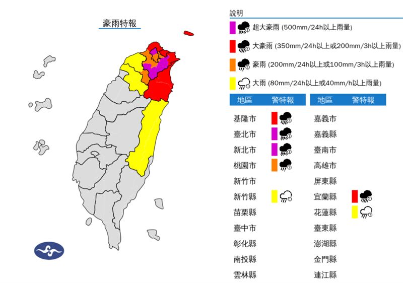 氣象署發布7縣市豪雨特報。（圖／中央氣象署）