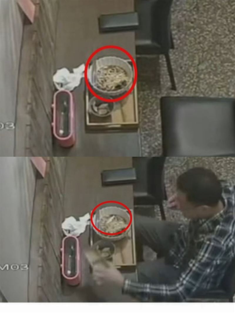 男客人吃到一半，把紙團放在醬料碟倒入牛肉麵，還把白紙壓進湯底，事後找店家理論要求賠償，過程全被監視器拍下。(圖／翻攝畫面)