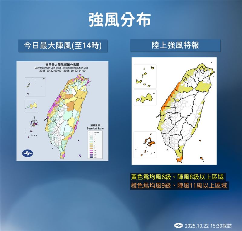 台南以北及整個東半部，今日陣風都有8級以上。（圖／氣象署提供）