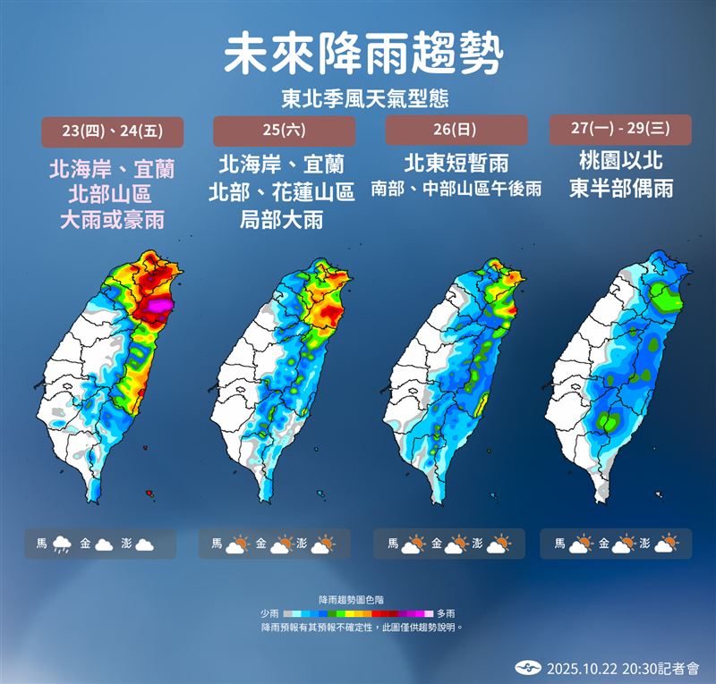 雨勢明起轉弱，但東北季風持續影響，東北部仍有局部大雨。（圖／氣象署提供）