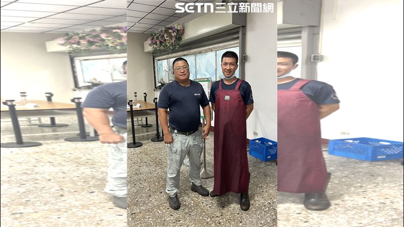 古員（右）向興園餐廳的黃慶和小隊長（左）轉述黃嬤困境，小隊長不僅欣然同意，更與餐廳同仁將善意升級。（圖／翻攝畫面）