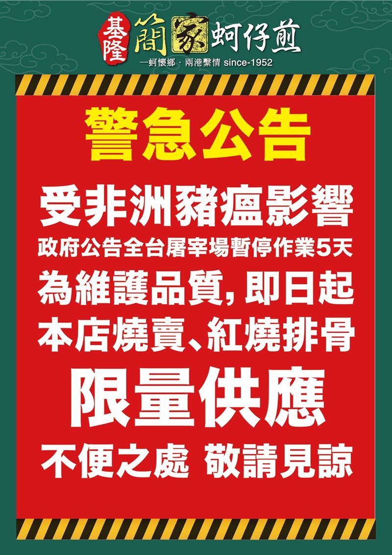 非洲豬瘟侵台！跳舞猛男也無奈，基隆知名老店簡家蚵仔煎貼公告限量供應招牌燒賣、紅燒排骨湯。（圖／店家提供）