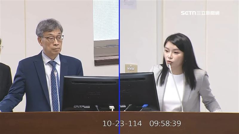 藍委張嘉郡（右）質詢農業部長陳駿季（左）時，緊咬「是廚餘的問題」造成台中非洲豬瘟