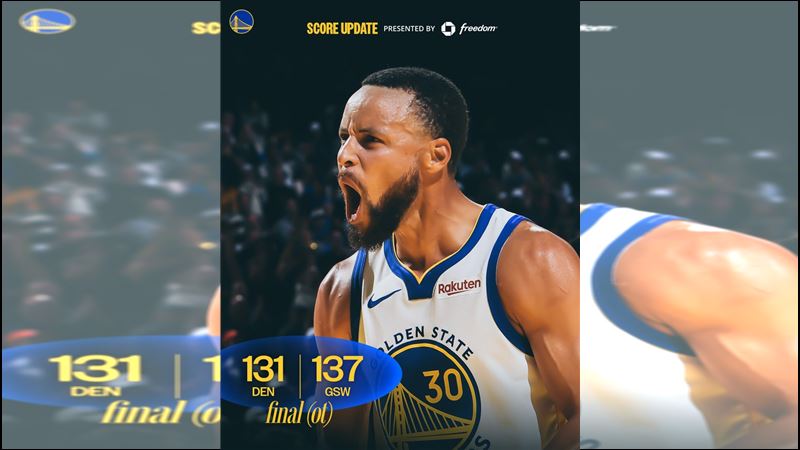 柯瑞（Stephen Curry）狂砍42分率勇士137：131逆轉金塊。（圖／翻攝自勇士 X）