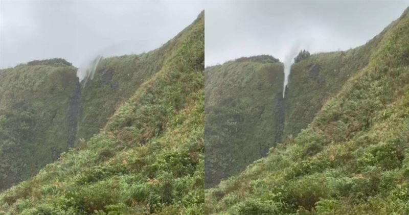 風神再現！十八王公廟附近的瀑布被吹到「水往上飛」，引起網友熱議。（圖／翻攝linyuting781@threads）