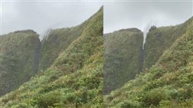 風神再現！十八王公廟附近的瀑布被吹到「水往上飛」，引起網友熱議。（圖／翻攝linyuting781@threads）