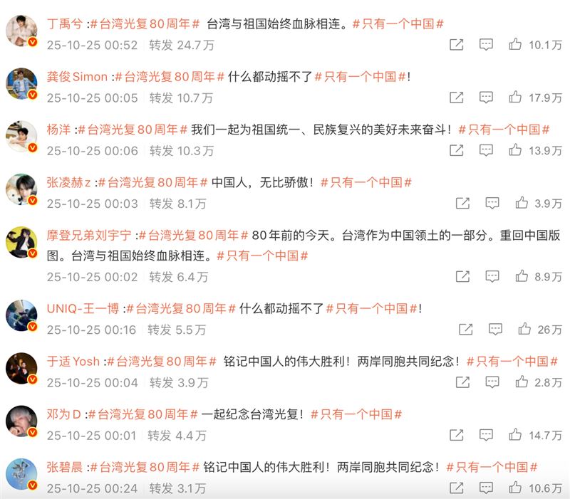 中共慶「台灣光復80週年」又發大字報,一排藝人搶著轉發。(圖/翻攝自微博)