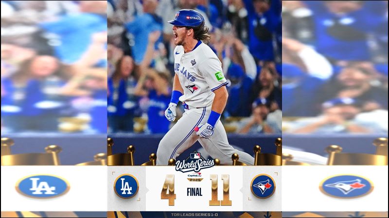 世界大賽G1藍鳥11:4轟垮道奇。(圖/翻攝自MLB X)