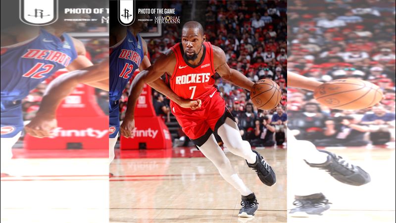 休士頓火箭巨星杜蘭特(Kevin Durant)轟下全場最高37分,部過球隊仍以4分敗給活塞、吞下開季2連敗。(圖/翻攝自X平台 @HoustonRockets)