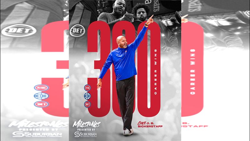 活塞教練畢克斯塔夫(J.B. Bickerstaff)拿下執教NBA生涯300勝。(圖/翻攝自X平台 @DetroitPistons)