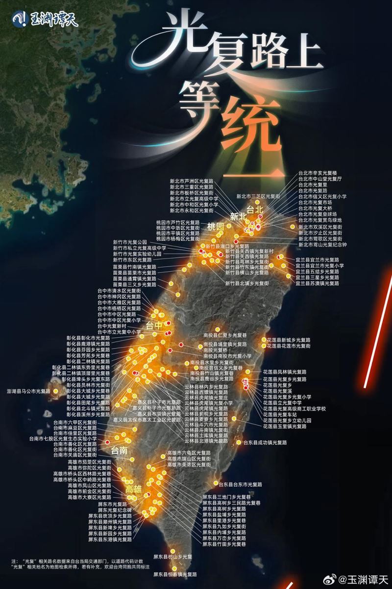 大陸央視旗下新媒體「玉淵譚天」指稱,台灣以「光復」為名的路有151條。甚至配上圖卡,羅列各縣市以「光復」為名的路、街、巷、學校等。(圖/翻攝自玉淵譚天)