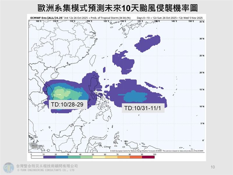 位於南海的熱帶擾動,可能在明後兩天變成熱帶性低氣壓,也有成颱機會。(圖/翻攝自賈新興臉書)