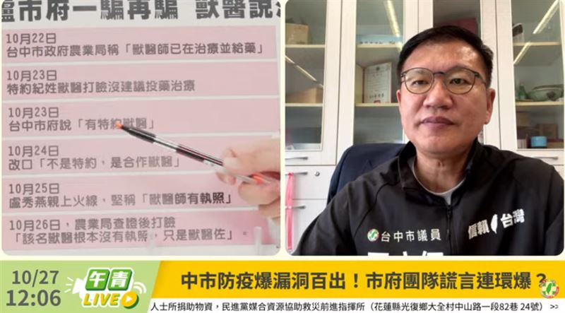 吳崢秀出「豬瘟謊言時間軸」(左),酸台中市府防疫有失。(圖/翻攝自民進黨YouTube直播)