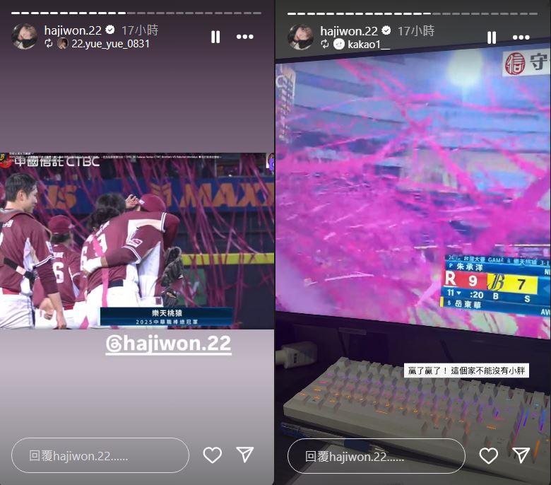 河智媛隔空關注應援樂天桃猿。(圖/翻攝自IG @hajiwon.22)
