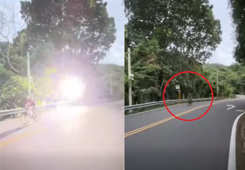 一名自行車騎士騎乘在136縣道,壓低上半身、雙腳猛力狂踩,車速相當快,遇到一處過彎時,疑似已超過當地的限速30公里,一旁的測速器閃光燈猛然閃爍。(圖/翻攝爆料公社)