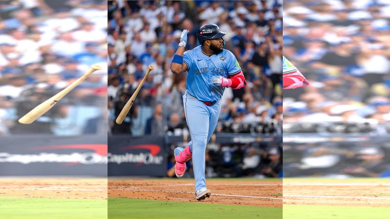 世界大賽G4小葛雷諾(Vladimir Guerrero Jr.)棒打大谷翔平全壘打。(圖/翻攝自藍鳥 X)