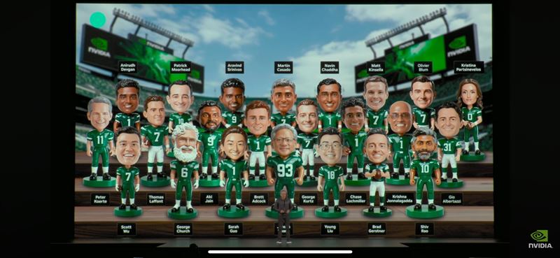 輝達GTC舞台出現22+1尊Q版公仔,黃仁勳化身#93號教練,鴻海董事長劉揚偉(#18)站上C位。(圖/翻攝自YT @NVIDIA)