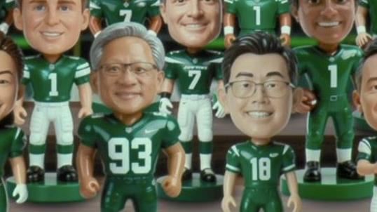 輝達GTC舞台出現22+1尊Q版公仔,黃仁勳化身#93號教練,鴻海董事長劉揚偉(#18)站上C位。(圖/翻攝自YT @NVIDIA)