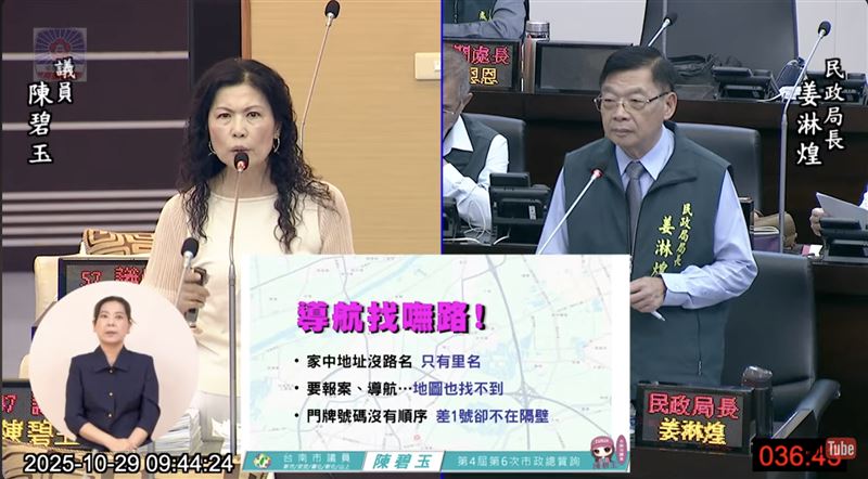 台南市議員陳碧玉質詢提及，地區住址缺乏路名，為全國各縣市之冠，造成民眾不便。（圖／翻攝台南市議會YT）