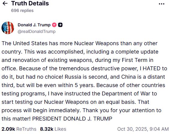 美國川普貼文放話，要比照中國擴張核武，美方也要展開更多核試。（圖／翻攝畫面）